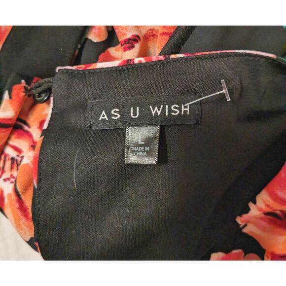 AS U WISH Romper Large Black Orange Pink Floral Tropical Ruffled V-Neck Flirty - Picture 9 of 10